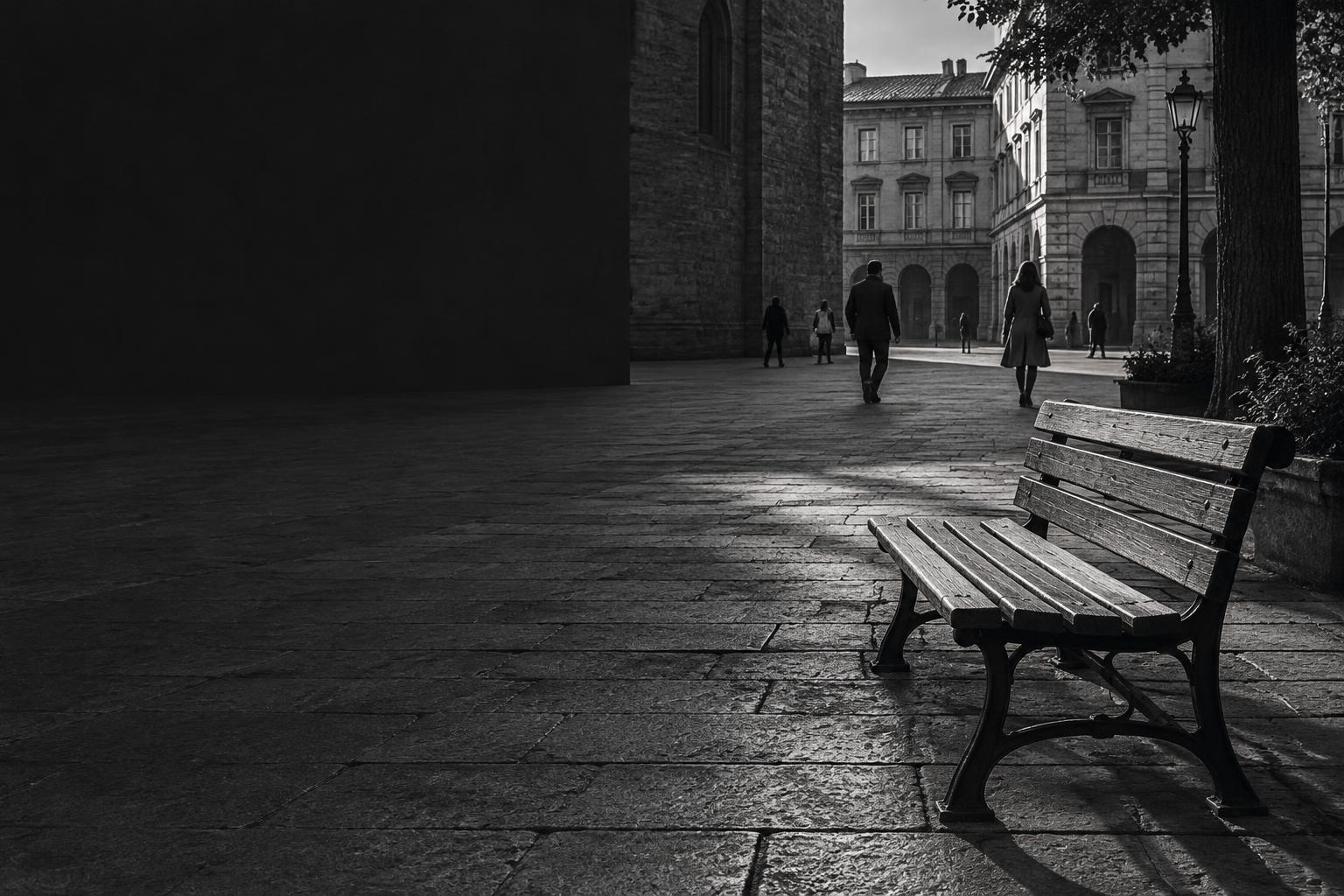 Una panchina, una piazza, la vita che passa.